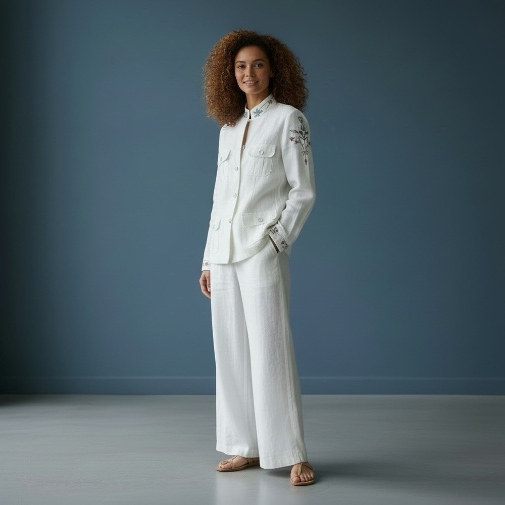 ESCADA 2PC Linen Set Long Safari Jacket + Pants Ivory White Embroidered EU 42 -L